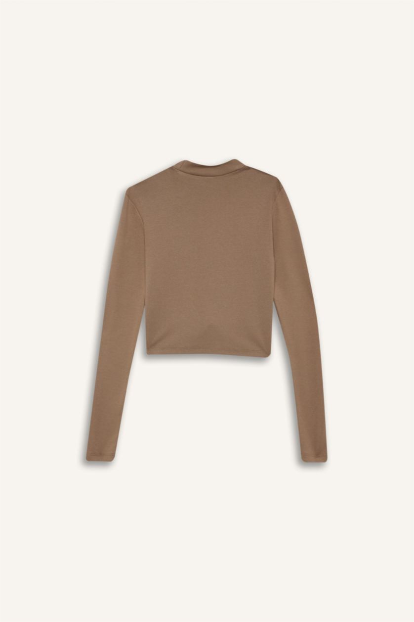 Kadın Vizon Slim Fit Dar Kesim Yarım Balıkçı Yaka Modal Uzun Kollu Tişört