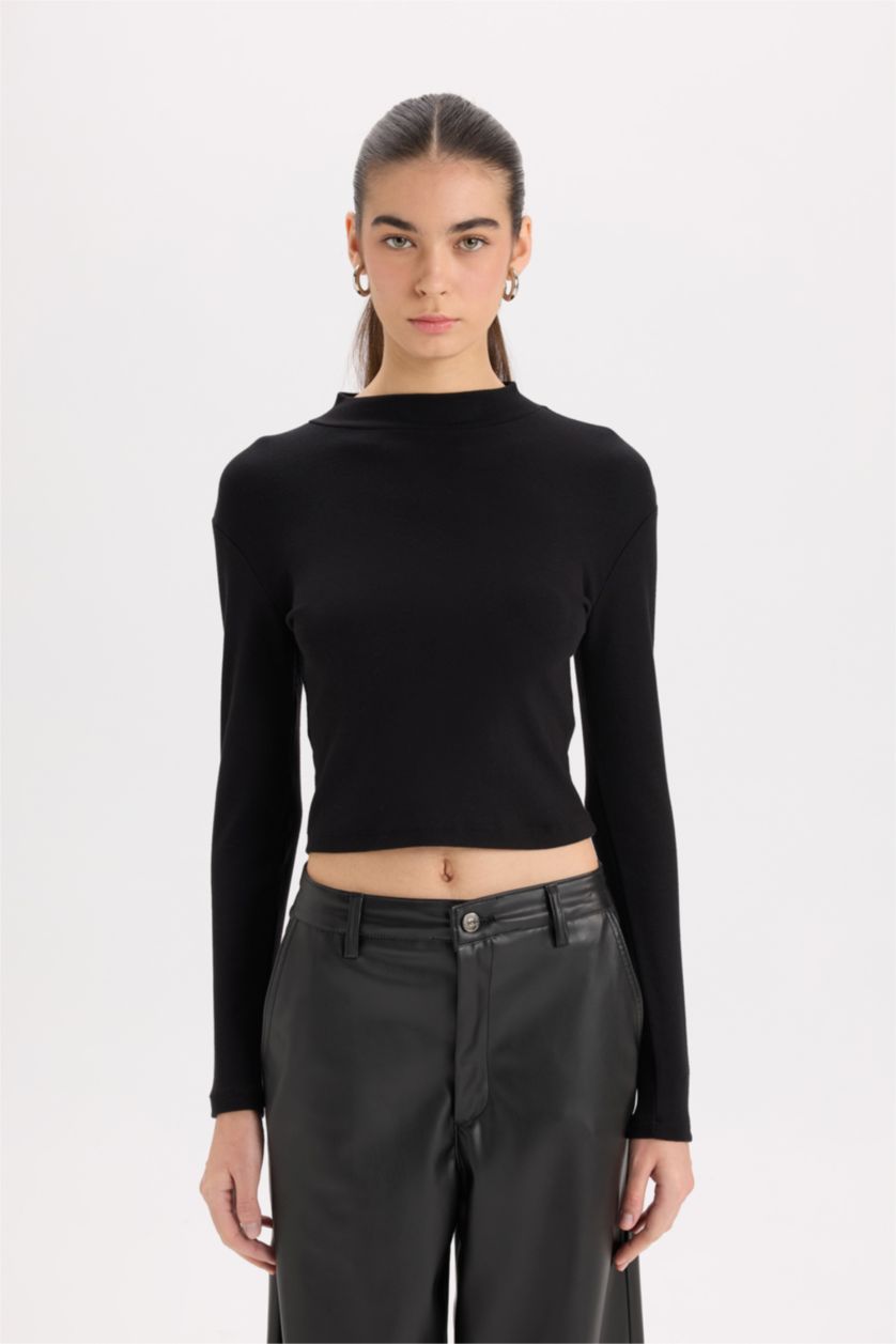 FEMME Noir T-Shirt À Manches Longues En Tricot Modal Coupe slim raccourcie