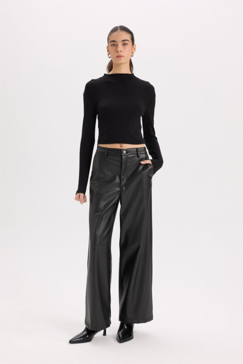 FEMME Noir T-Shirt À Manches Longues En Tricot Modal Coupe slim raccourcie