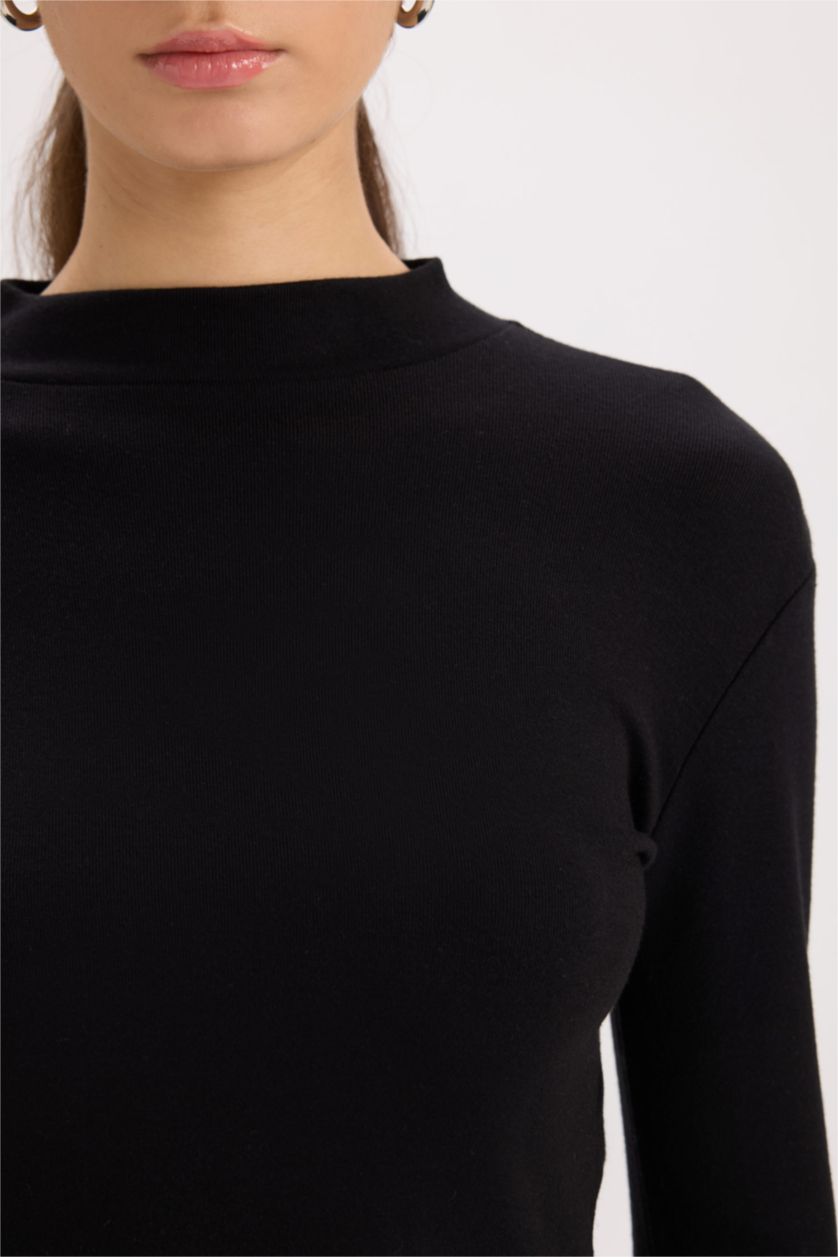 FEMME Noir T-Shirt À Manches Longues En Tricot Modal Coupe slim raccourcie