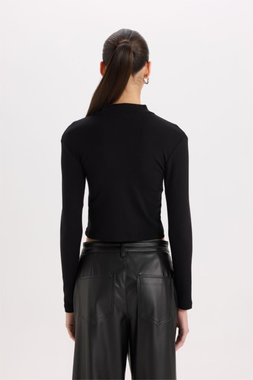 FEMME Noir T-Shirt À Manches Longues En Tricot Modal Coupe slim raccourcie