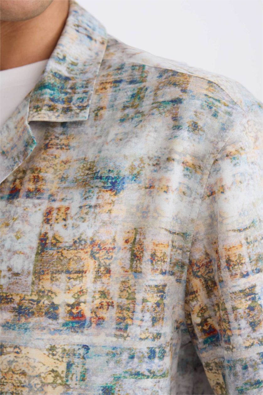 Man Light Khaki Regular Fit Apache Neck Printed Short Sleeve Shirt