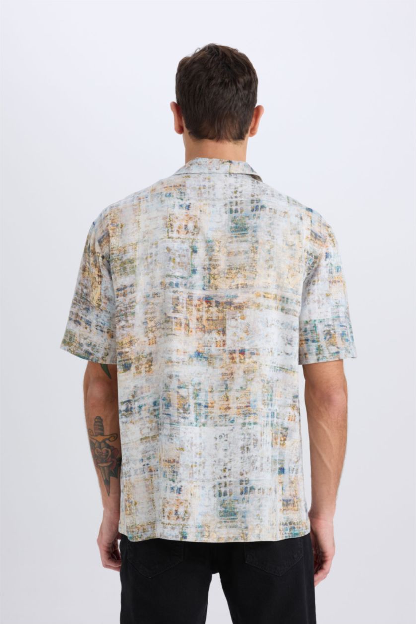 Man Light Khaki Regular Fit Apache Neck Printed Short Sleeve Shirt