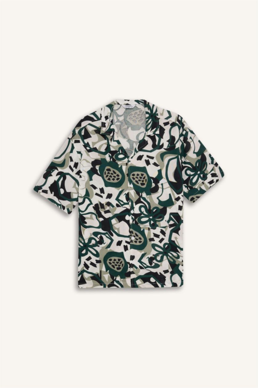 رجال أخضر غامق قميص نص ردن مطبوع قصة عادية بياخة جاكيت