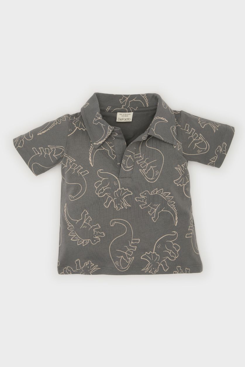 Erkek Bebek Gri Polo Yaka Dinozor Desenli Kısa Kollu Tişört Erkek Bebek