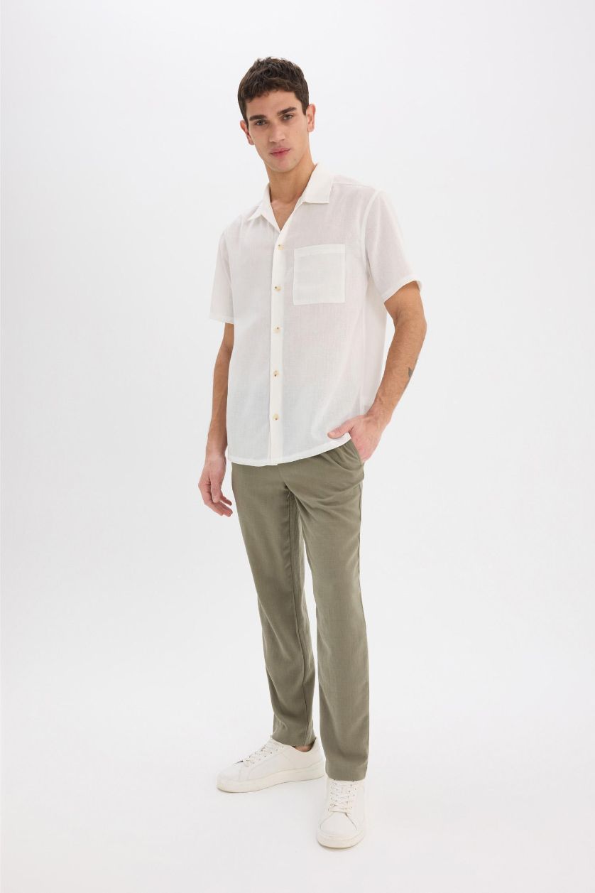 رجالي كاكي بنطلون قماش صيفي ذو مظهر كتان قصة مريحة