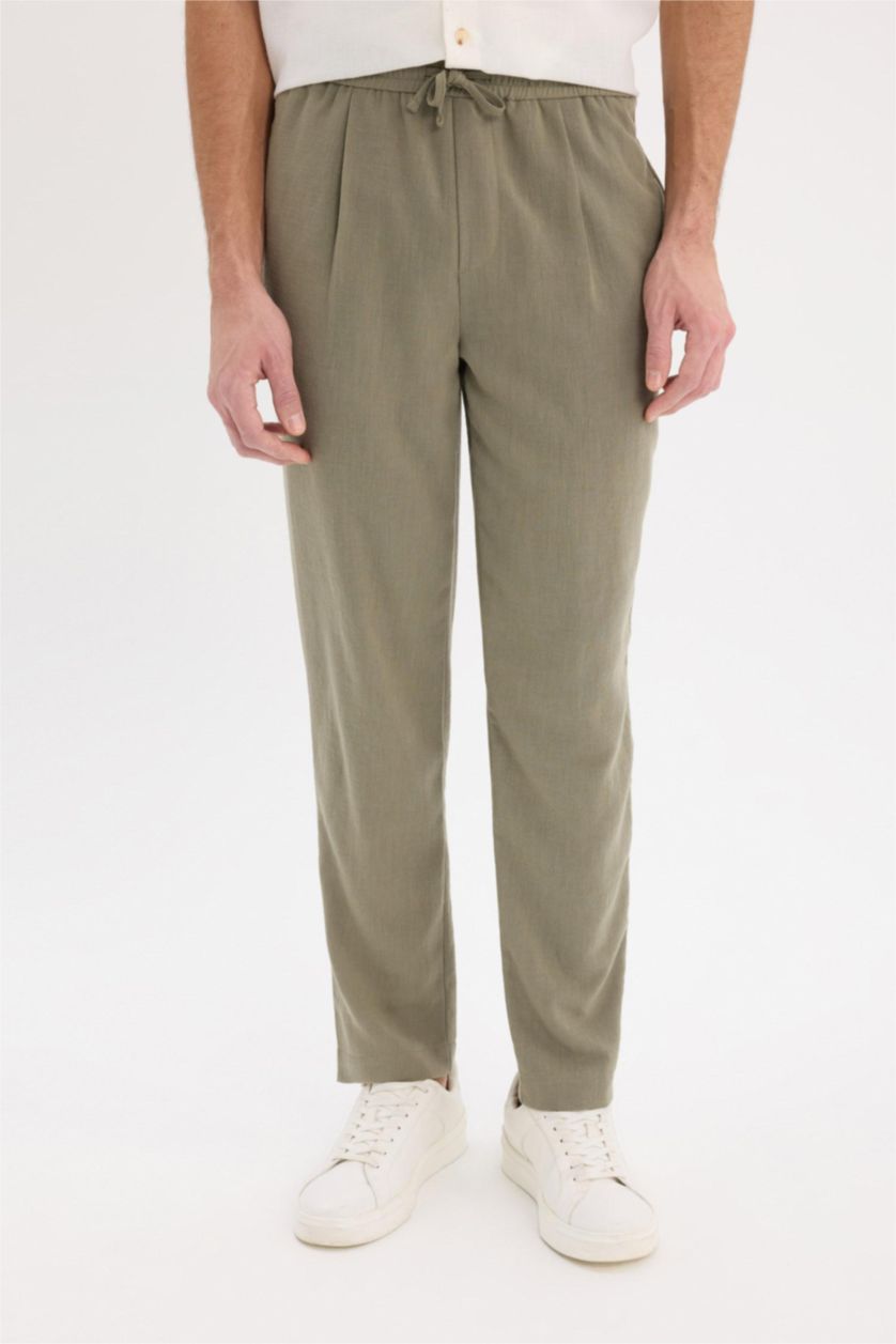 رجالي كاكي بنطلون قماش صيفي ذو مظهر كتان قصة مريحة