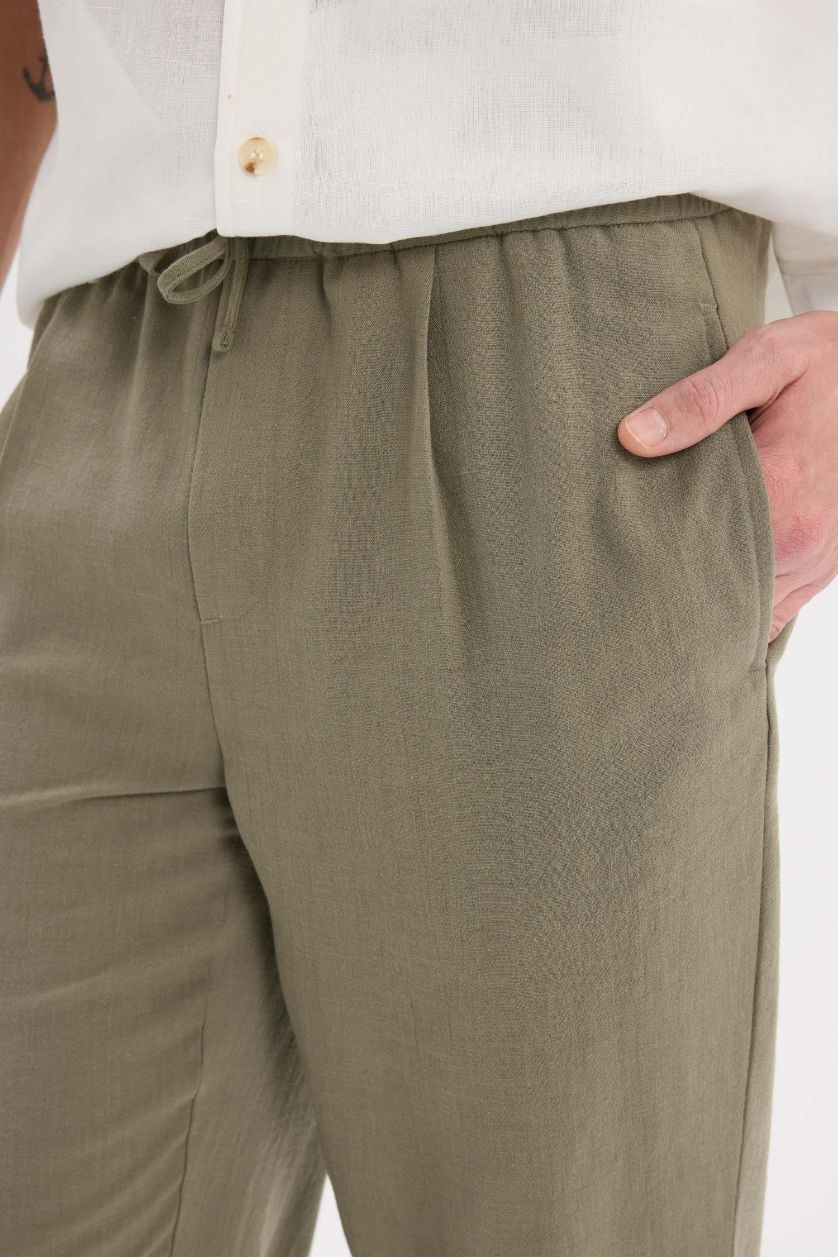 رجالي كاكي بنطلون قماش صيفي ذو مظهر كتان قصة مريحة