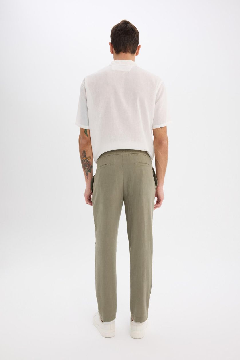 رجالي كاكي بنطلون قماش صيفي ذو مظهر كتان قصة مريحة