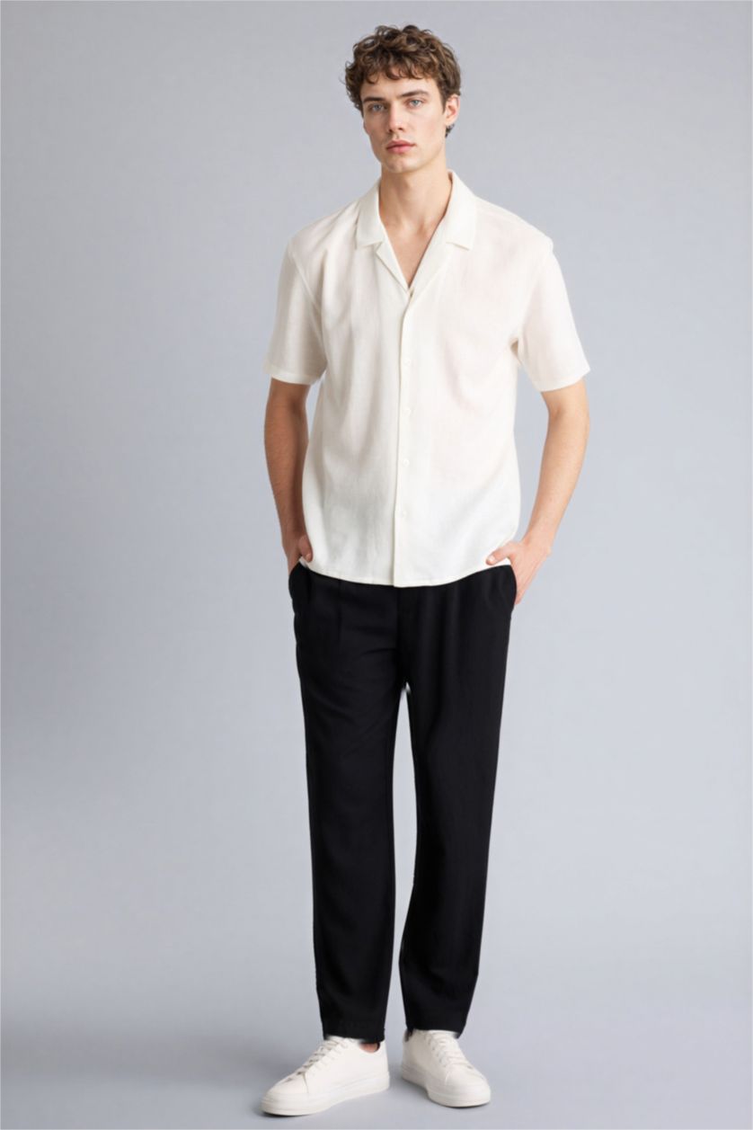 Erkek Siyah Relax Fit Rahat Kesim Kısa Paça Keten Görünümlü Yazlık Kumaş Pantolon