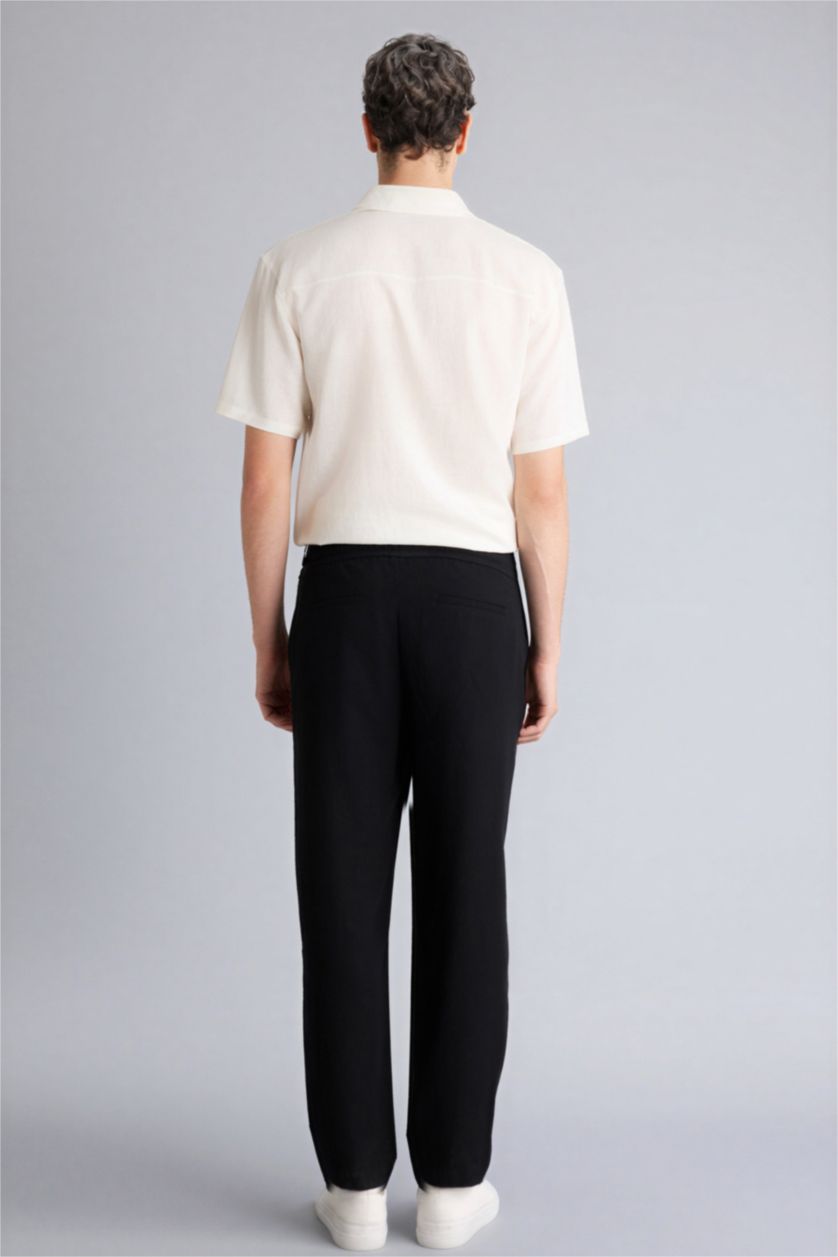 Erkek Siyah Relax Fit Rahat Kesim Kısa Paça Keten Görünümlü Yazlık Kumaş Pantolon