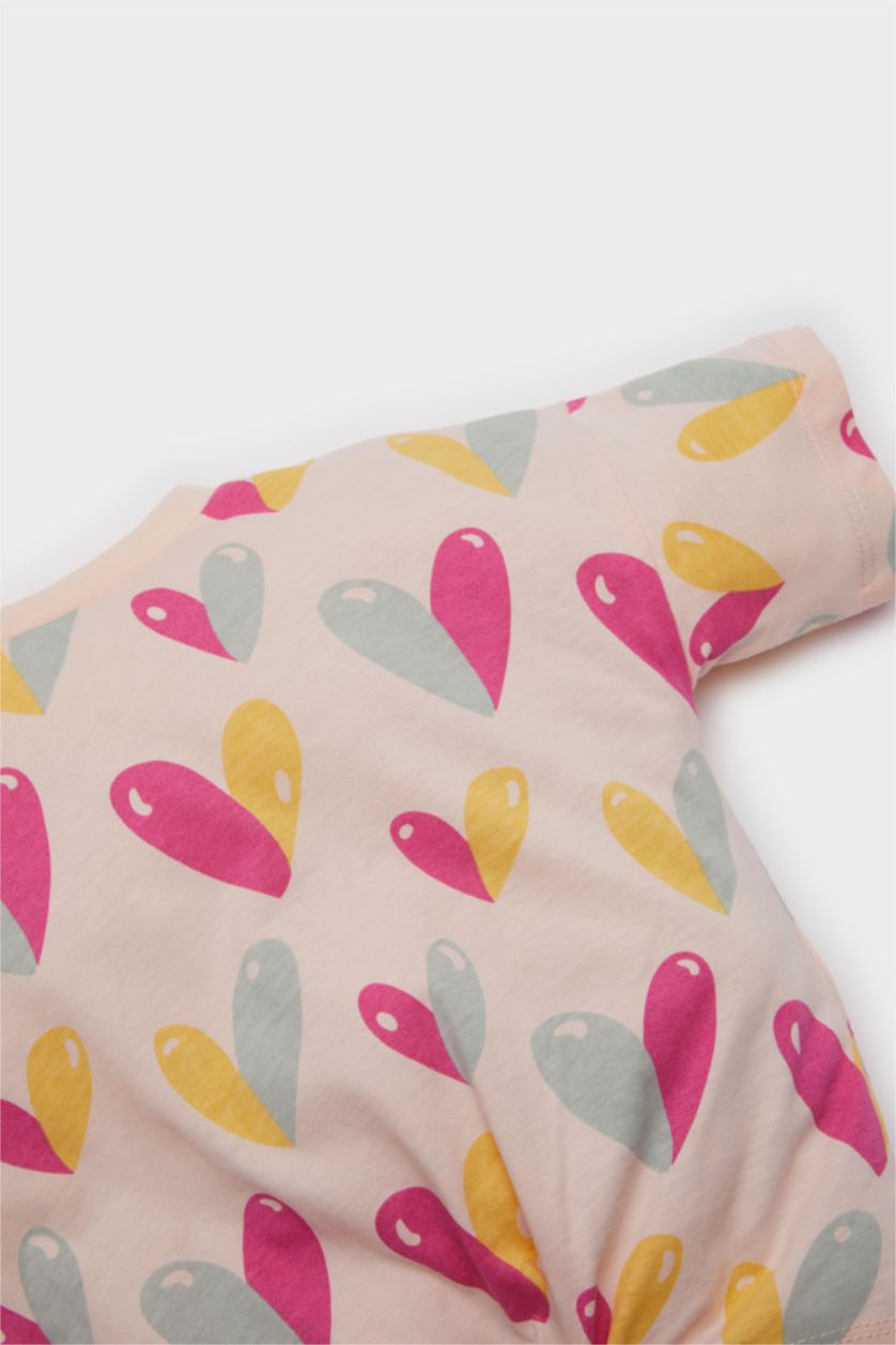 Baby Girl Pink Girl Crew Neck Heart Patterned Short Sleeve T-Shirt