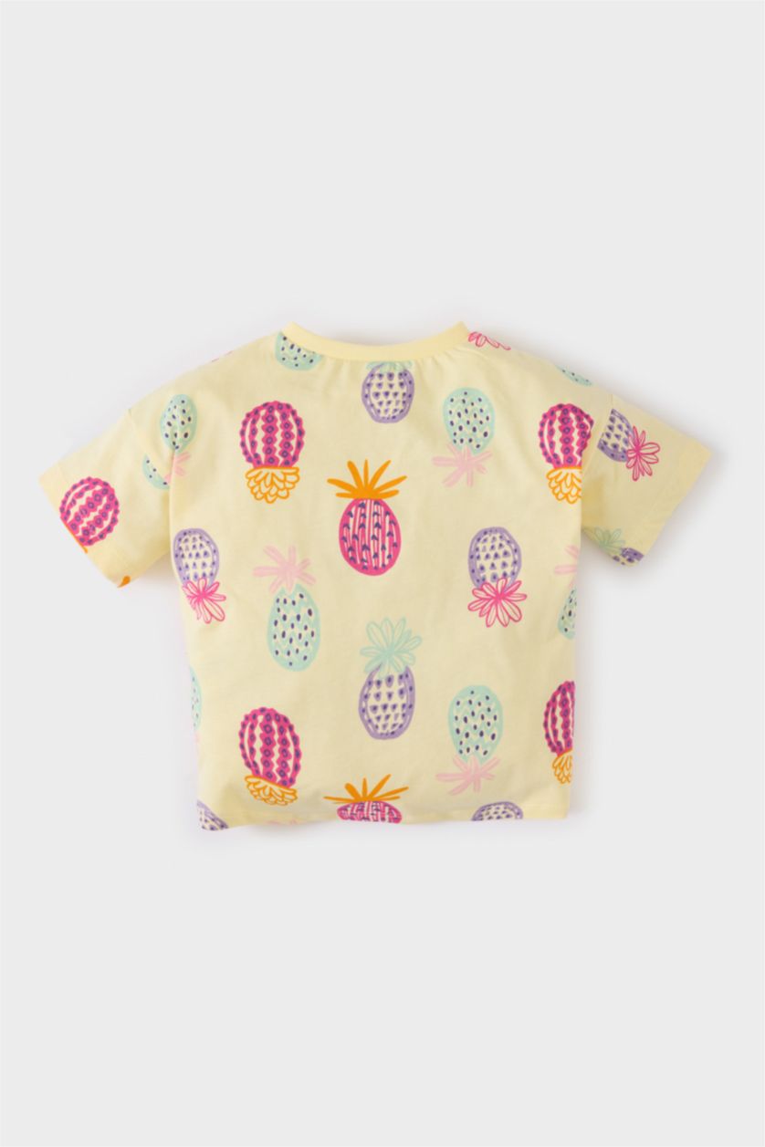 Kız Bebek Açık Sarı Bisiklet Yaka Desenli Kısa Kollu Tişört Kız Bebek