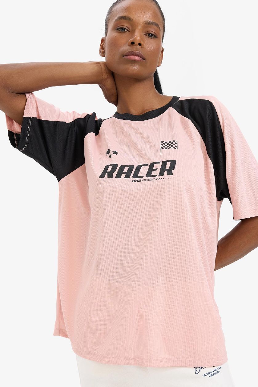 Kadın Pembe Boxy Fit Bisiklet Yaka Baskılı Sporcu Kısa Kollu Tişört