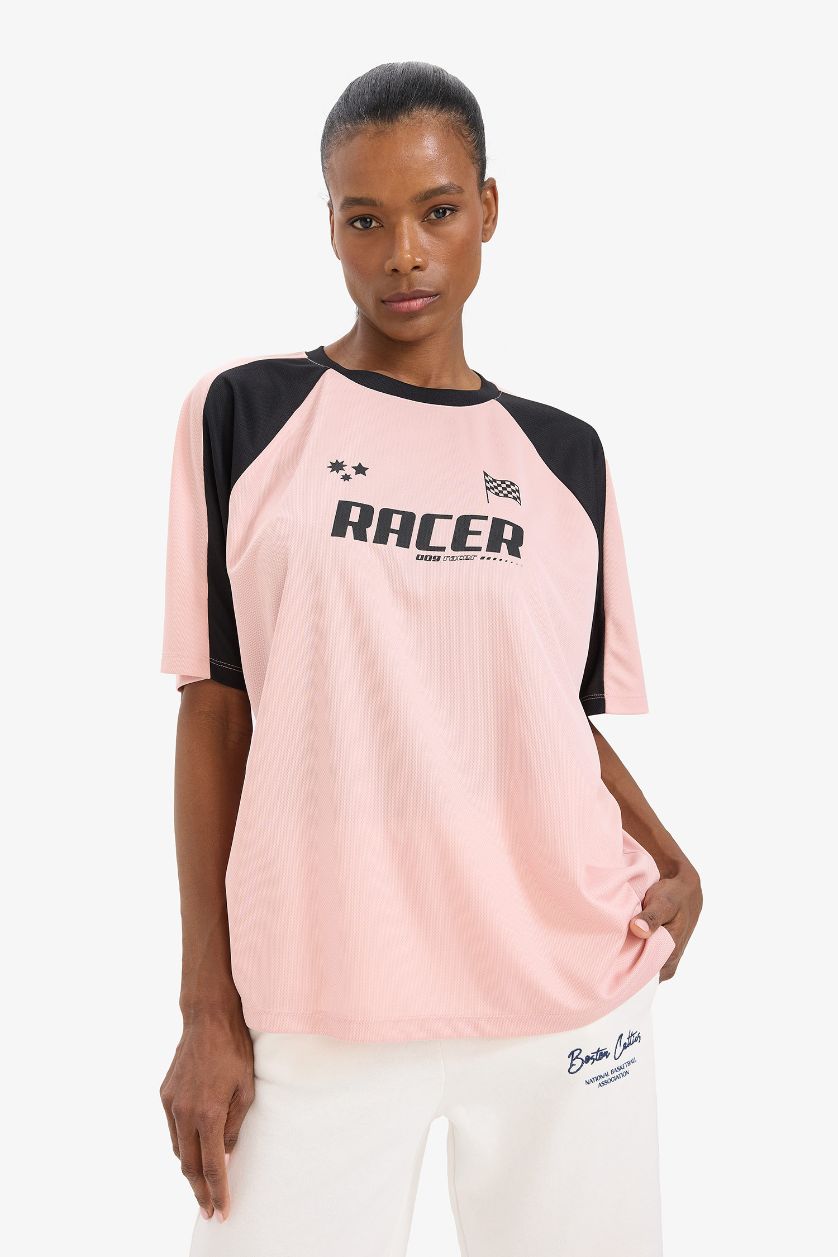Kadın Pembe Boxy Fit Bisiklet Yaka Baskılı Sporcu Kısa Kollu Tişört