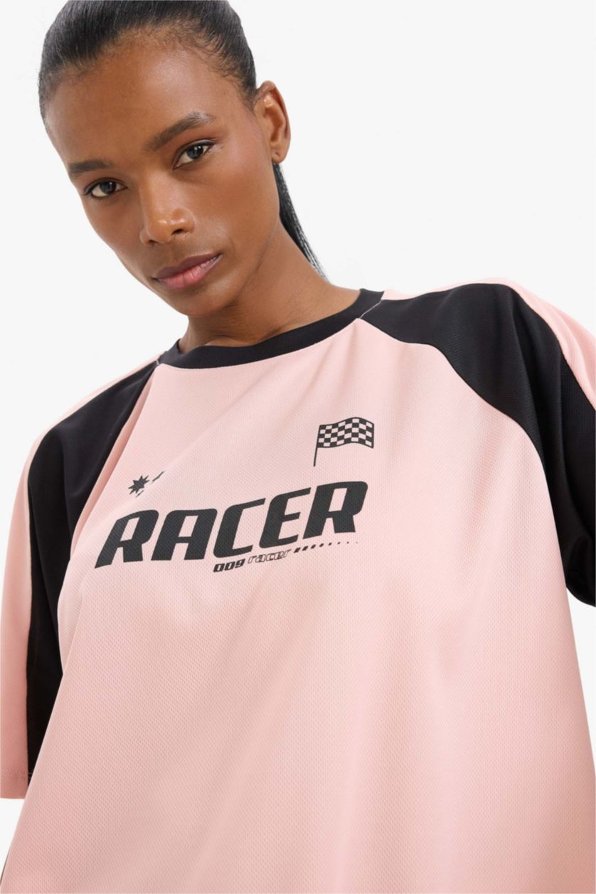 Kadın Pembe Boxy Fit Bisiklet Yaka Baskılı Sporcu Kısa Kollu Tişört