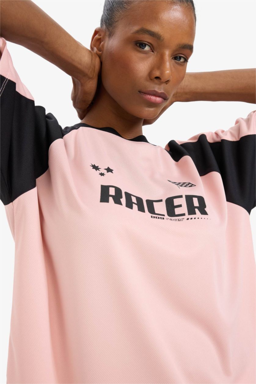 Kadın Pembe Boxy Fit Bisiklet Yaka Baskılı Sporcu Kısa Kollu Tişört
