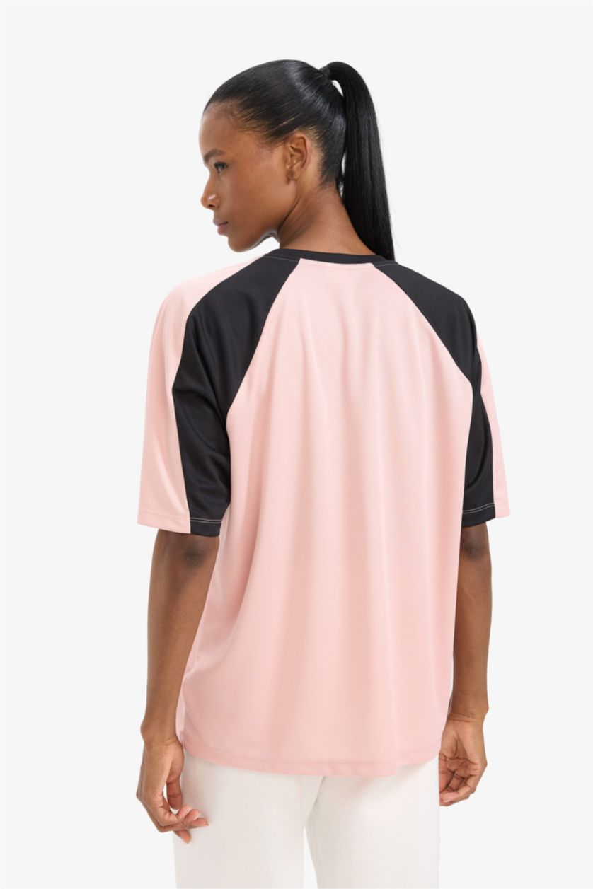 Kadın Pembe Boxy Fit Bisiklet Yaka Baskılı Sporcu Kısa Kollu Tişört