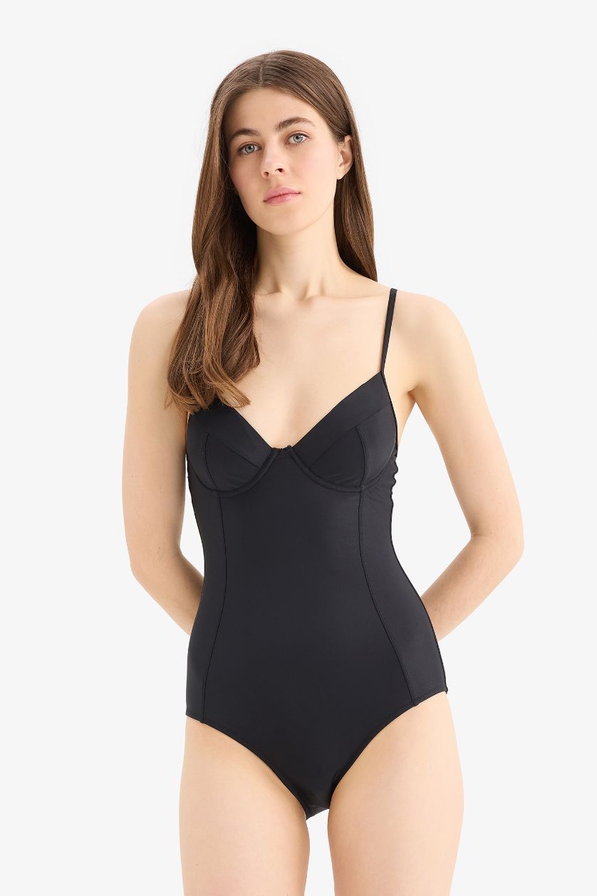 Kadın Siyah Regular Fit İnce Askılı Mayo