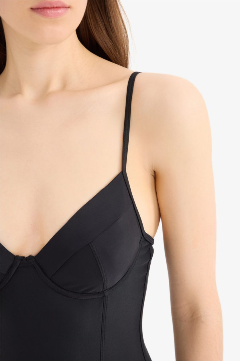 Kadın Siyah Regular Fit İnce Askılı Mayo