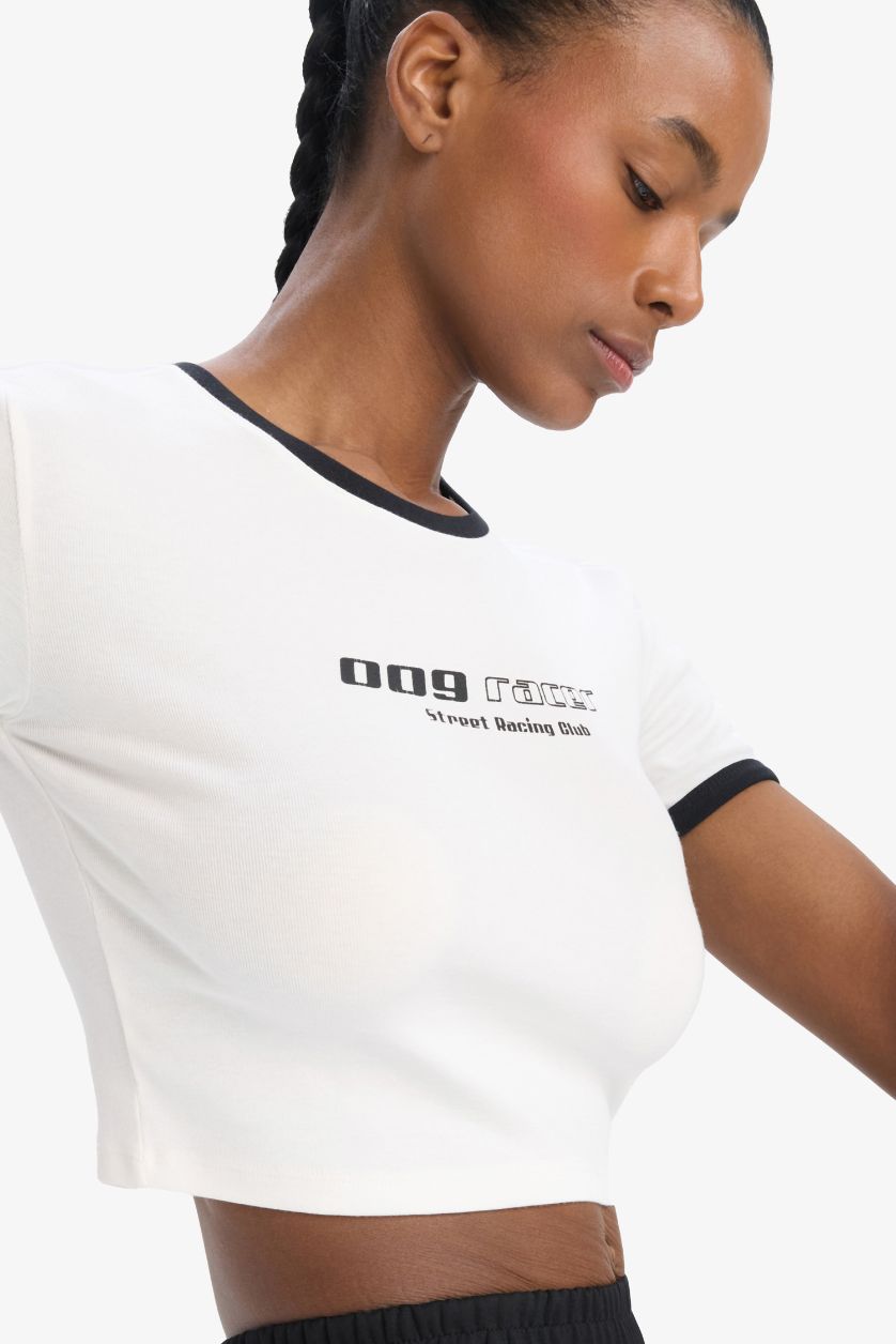 Kadın Ekru Slim Fit Dar Kesim Bisiklet Yaka Baskılı Sporcu Ribana Kısa Kollu Tişört