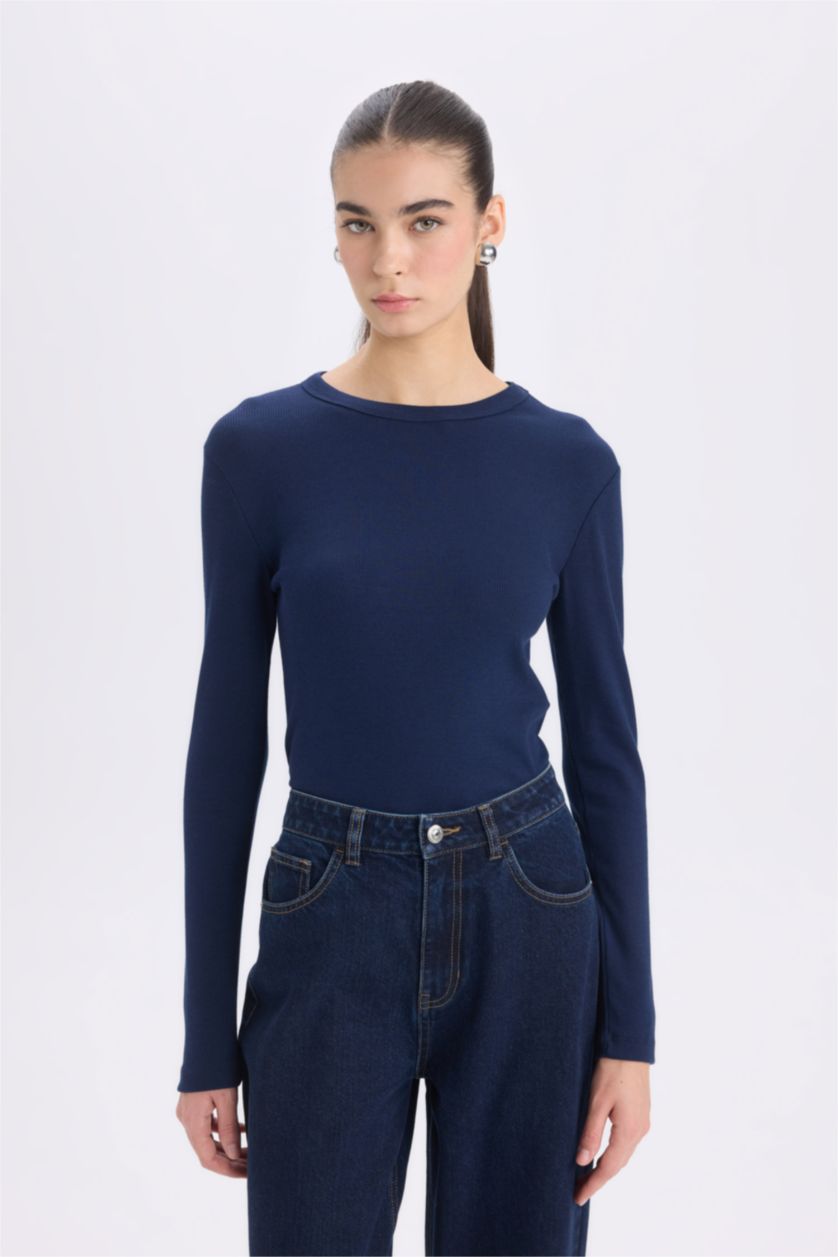 WOMAN NAVY Slim Fit Casual Modal Long Sleeve T-Shirt
