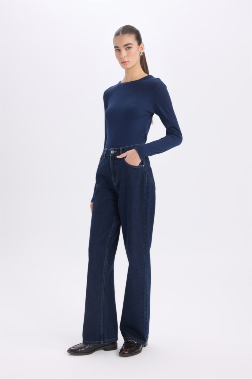 WOMAN NAVY Slim Fit Casual Modal Long Sleeve T-Shirt