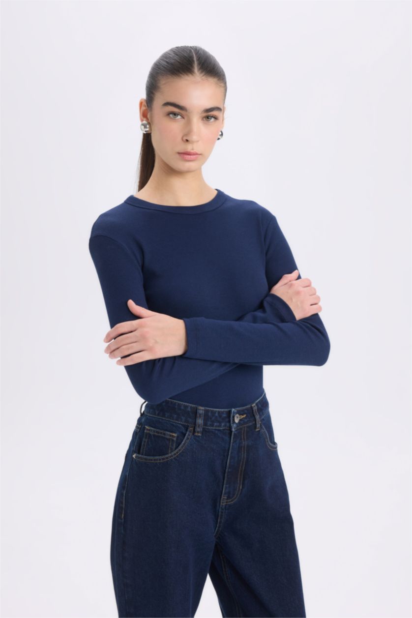 WOMAN NAVY Slim Fit Casual Modal Long Sleeve T-Shirt