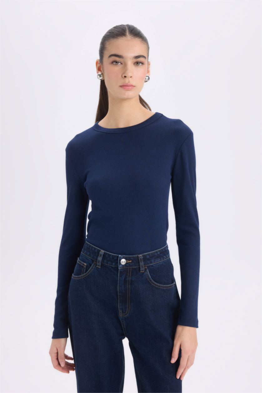 WOMAN NAVY Slim Fit Casual Modal Long Sleeve T-Shirt
