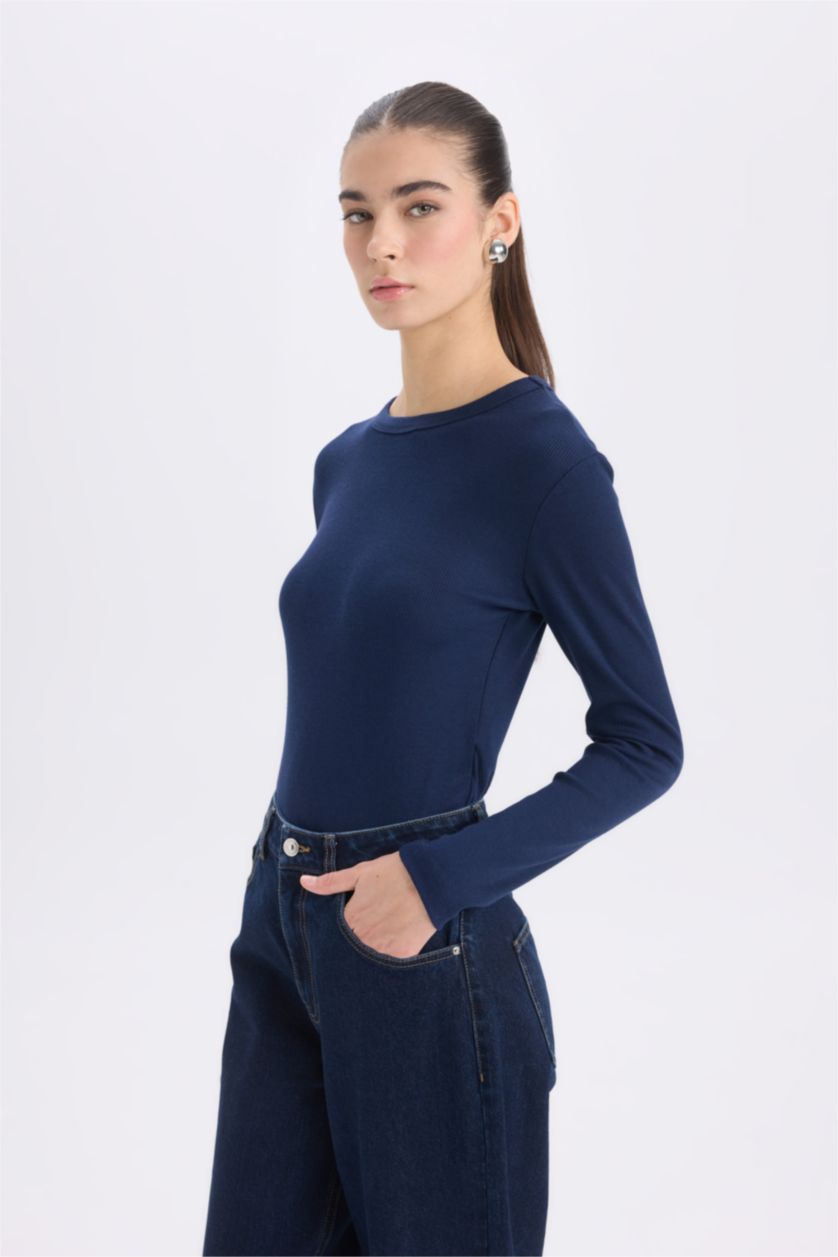 WOMAN NAVY Slim Fit Casual Modal Long Sleeve T-Shirt