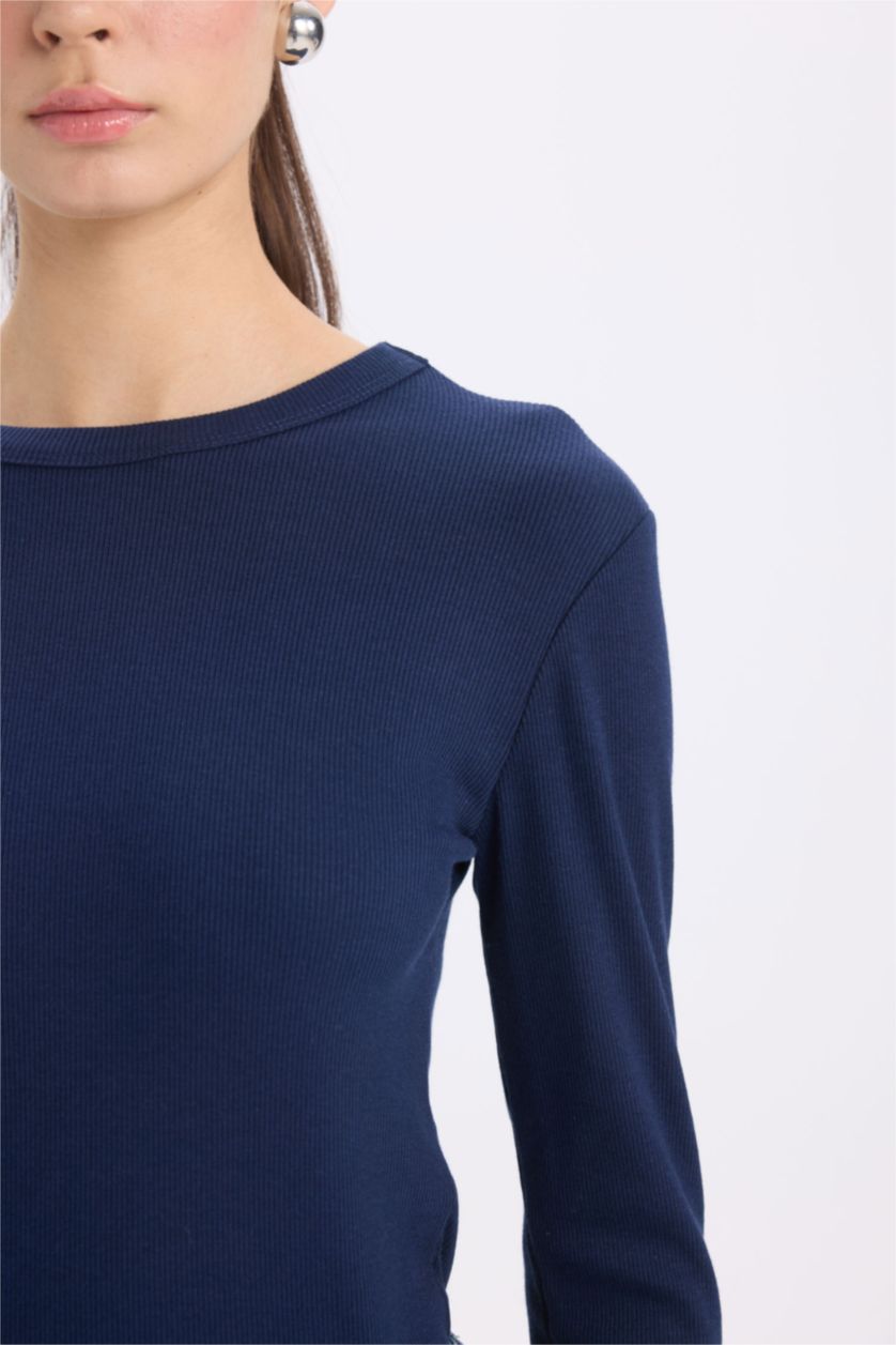 WOMAN NAVY Slim Fit Casual Modal Long Sleeve T-Shirt