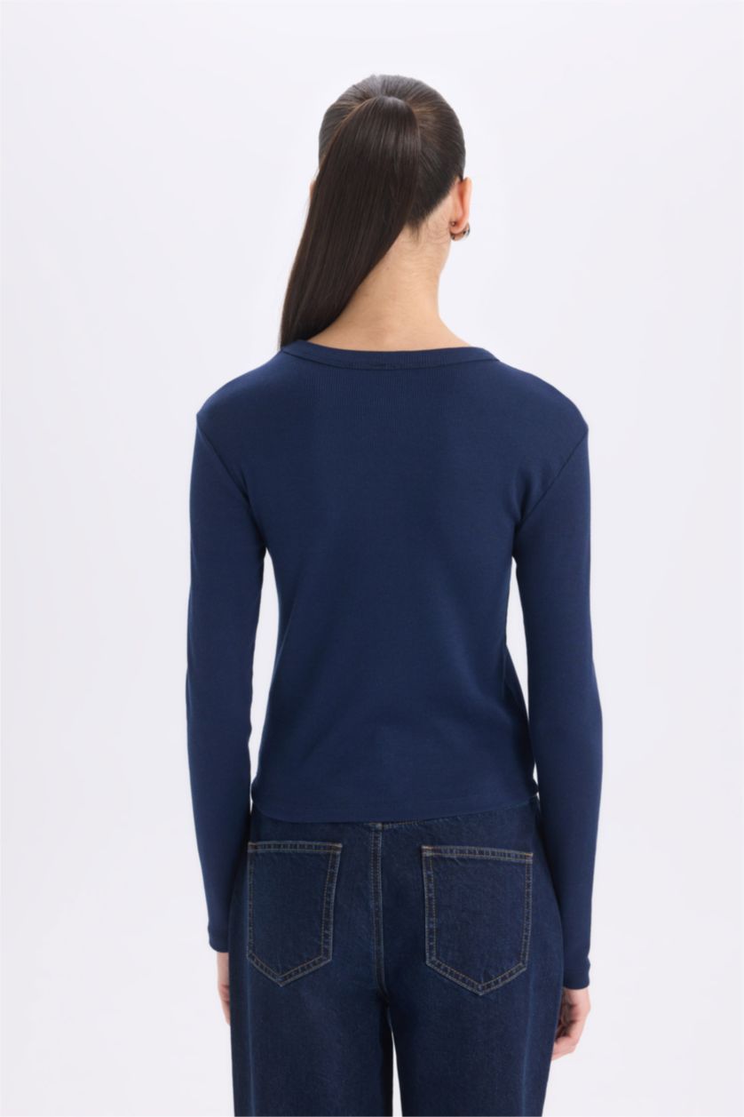 WOMAN NAVY Slim Fit Casual Modal Long Sleeve T-Shirt