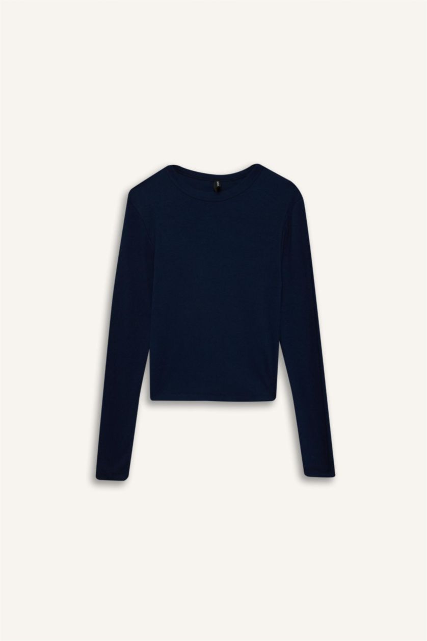 WOMAN NAVY Slim Fit Casual Modal Long Sleeve T-Shirt