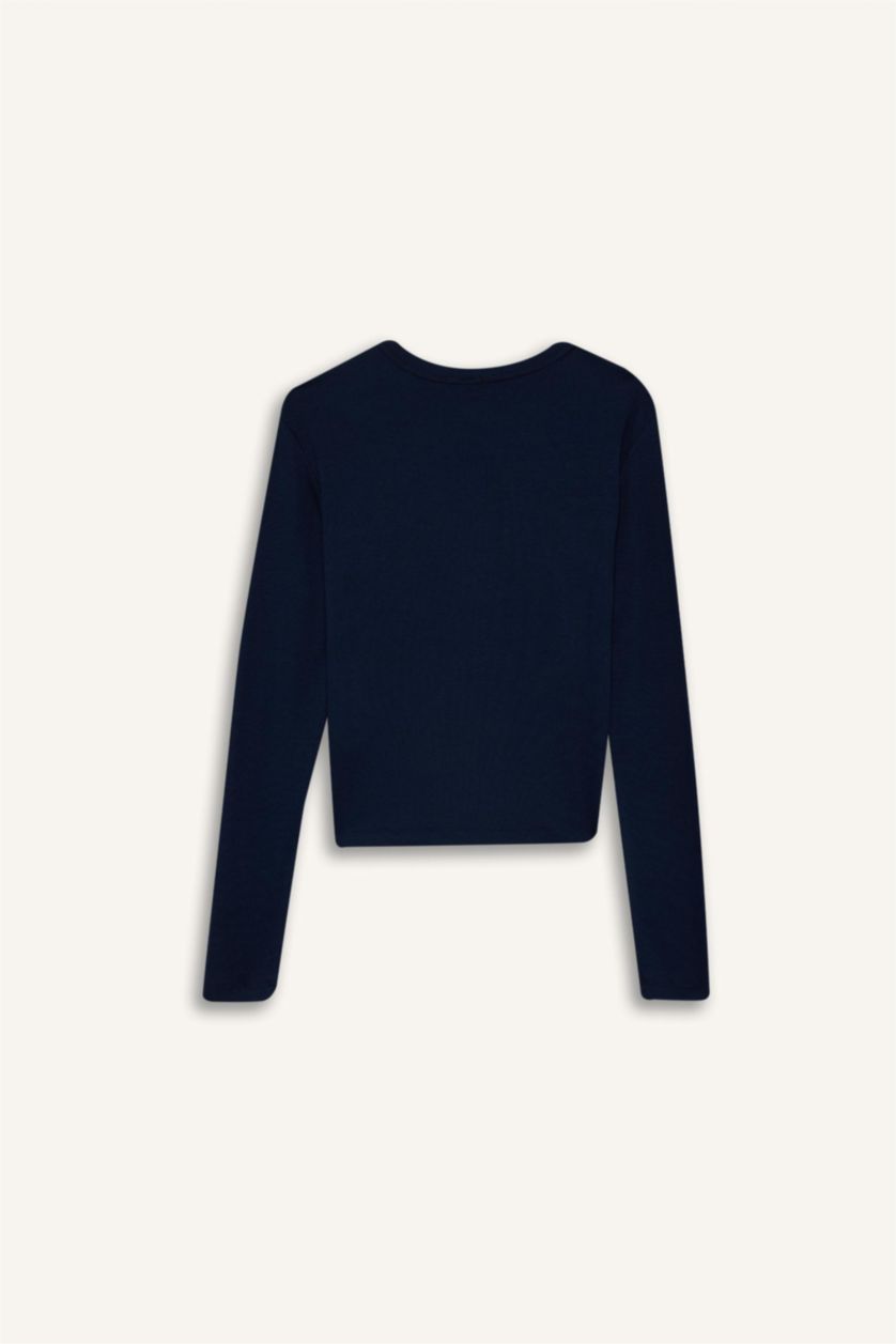 WOMAN NAVY Slim Fit Casual Modal Long Sleeve T-Shirt