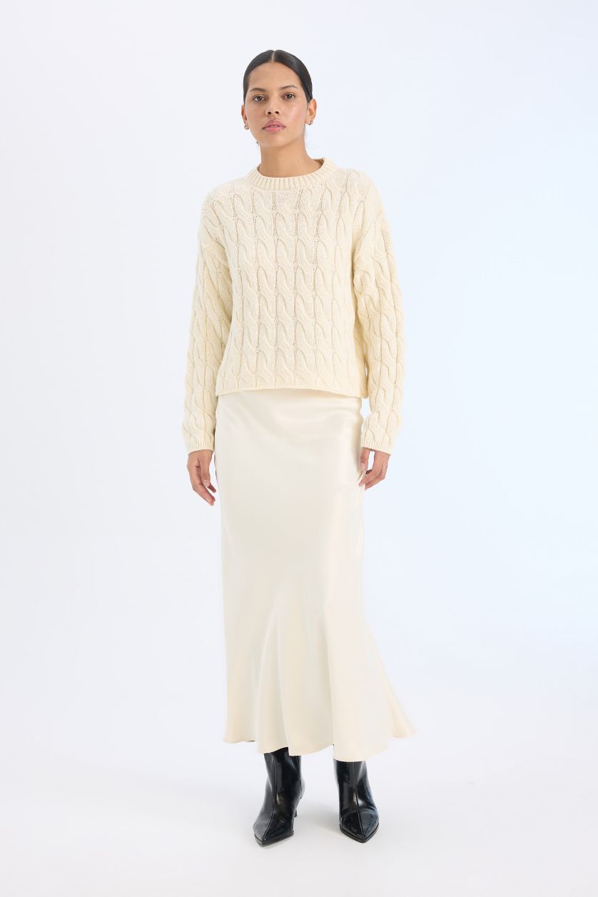 Kadın Ekru A Form Beli Lastikli Saten Midi Etek