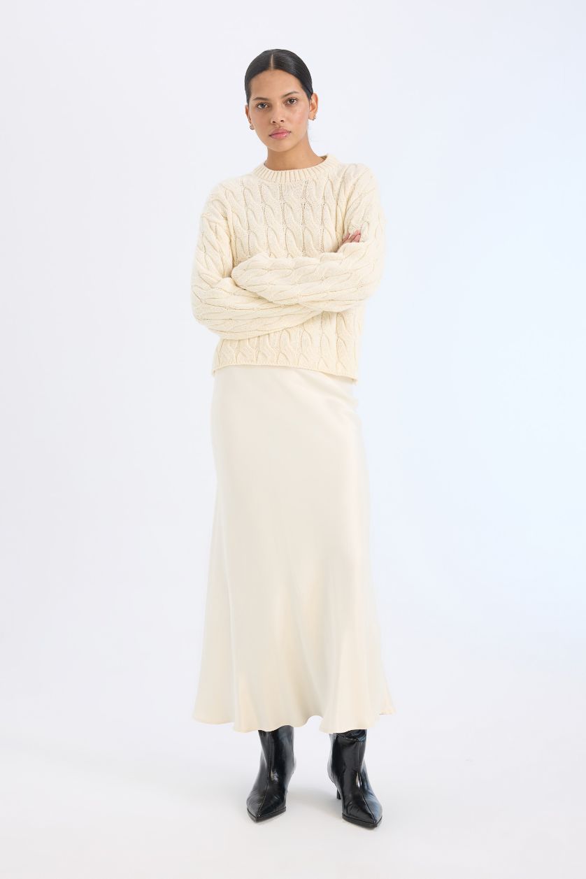 Kadın Ekru A Form Beli Lastikli Saten Midi Etek