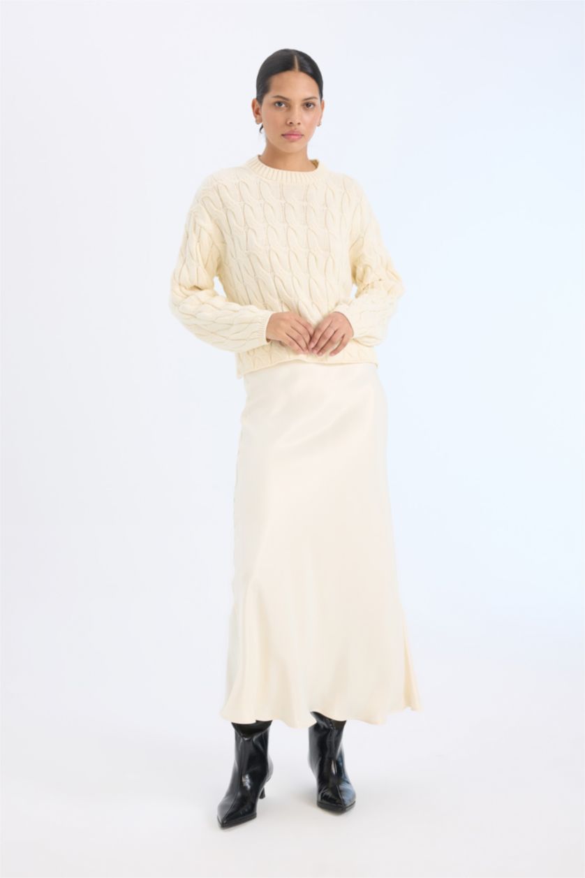 Kadın Ekru A Form Beli Lastikli Saten Midi Etek