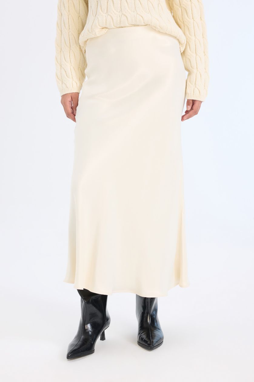 Kadın Ekru A Form Beli Lastikli Saten Midi Etek