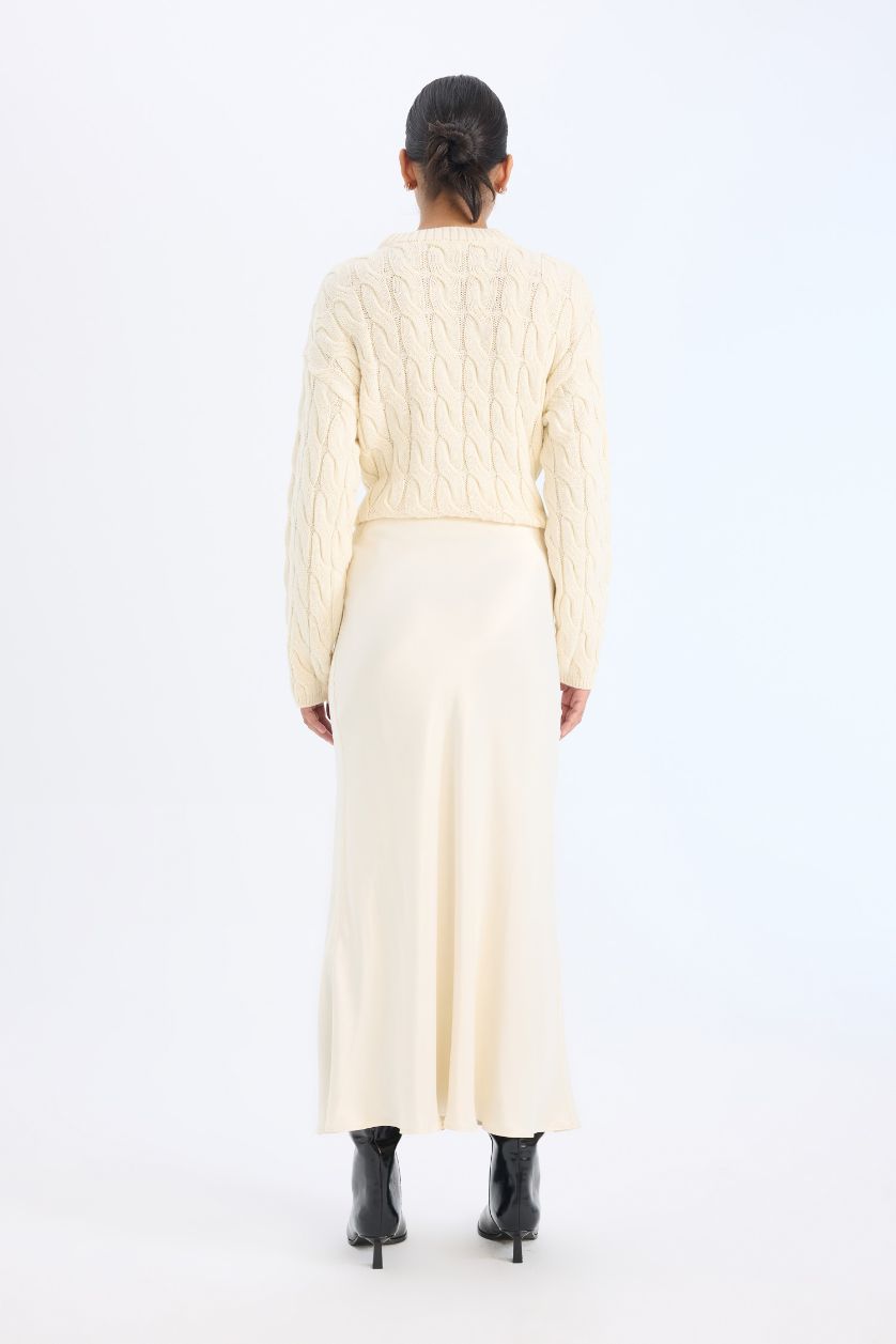 Kadın Ekru A Form Beli Lastikli Saten Midi Etek