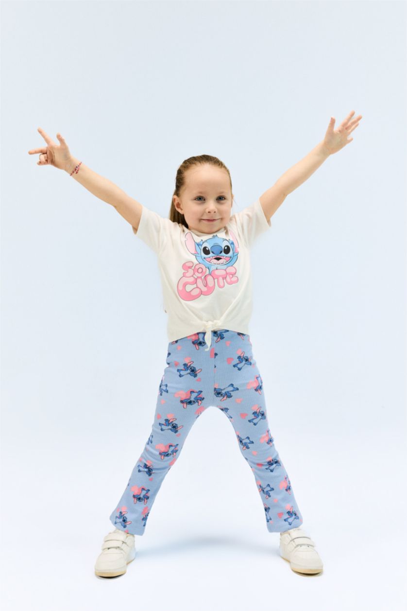 Kız Bebek Açık Mavi Disney Lilo & Stitch 2'li Takım Kısa Kollu Tişört Fitilli Kaşkorse İspanyol Paça Tayt Kız Bebek