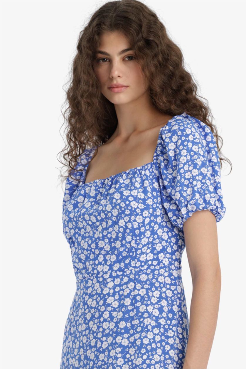 حريمي أزرق فستان ميدي فلورال نص كم بقصة A بياقة مربعة