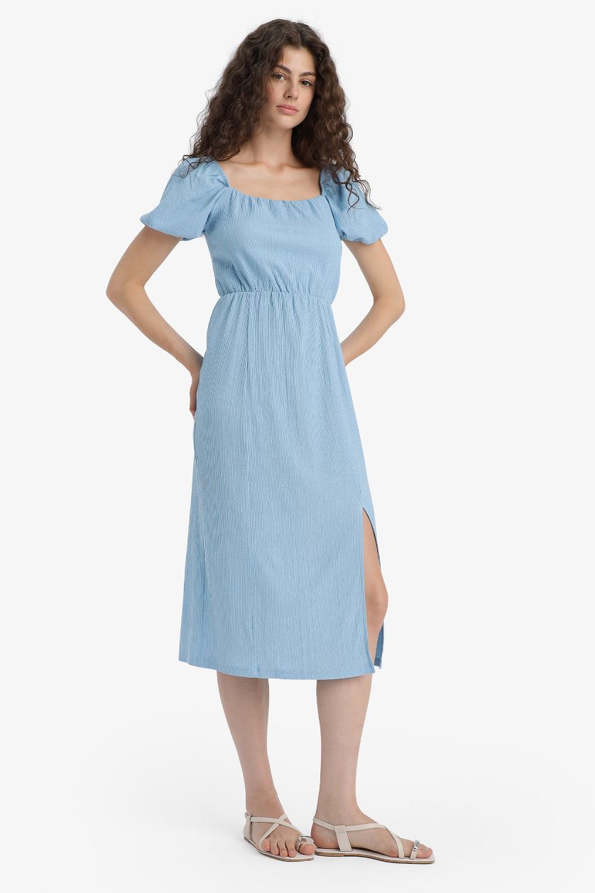 WOMAN Blue Square Collar Crepe Short Sleeve Midi Dress