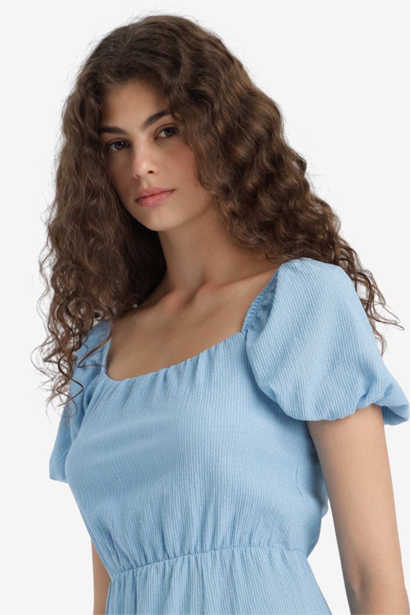 WOMAN Blue Square Collar Crepe Short Sleeve Midi Dress