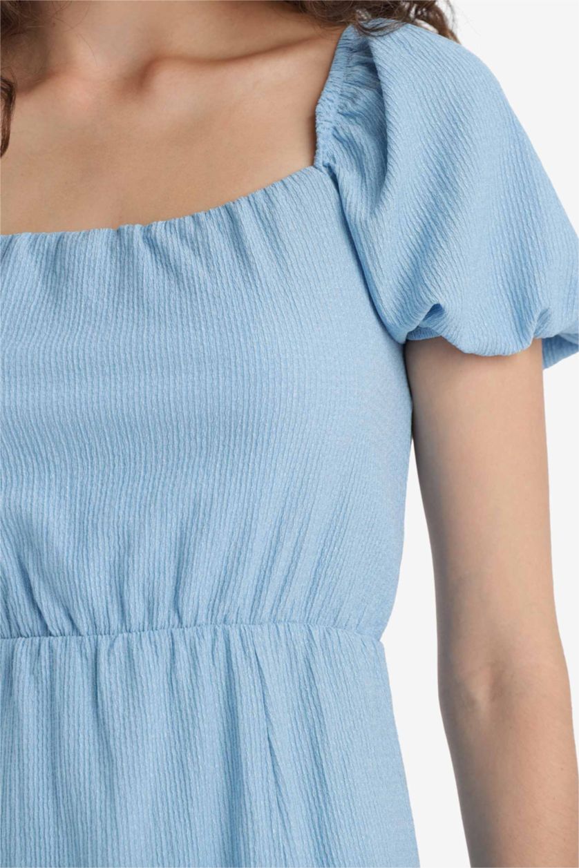 WOMAN Blue Square Collar Crepe Short Sleeve Midi Dress
