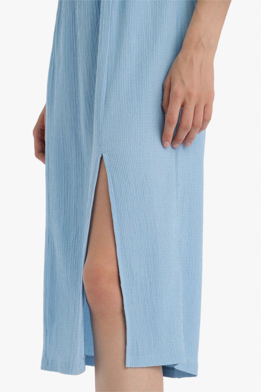 WOMAN Blue Square Collar Crepe Short Sleeve Midi Dress