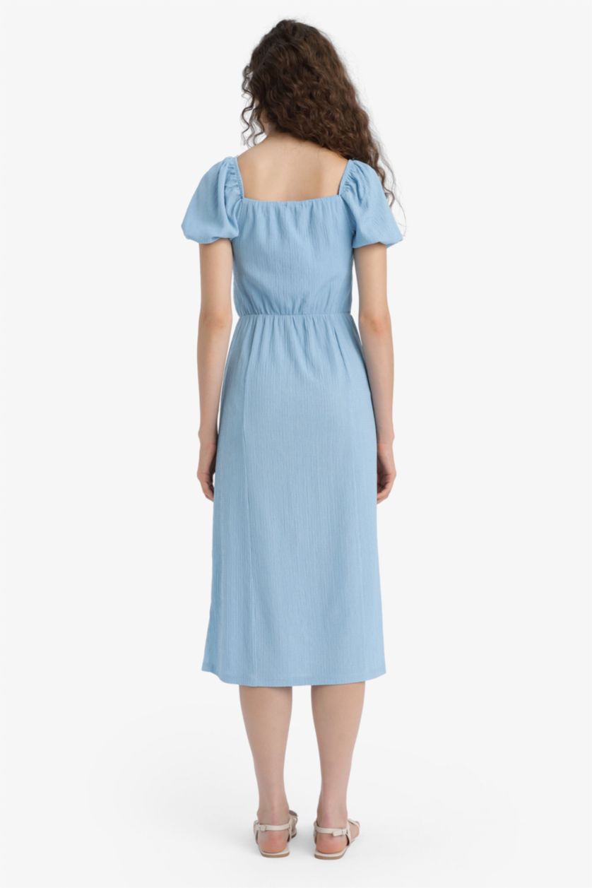 WOMAN Blue Square Collar Crepe Short Sleeve Midi Dress