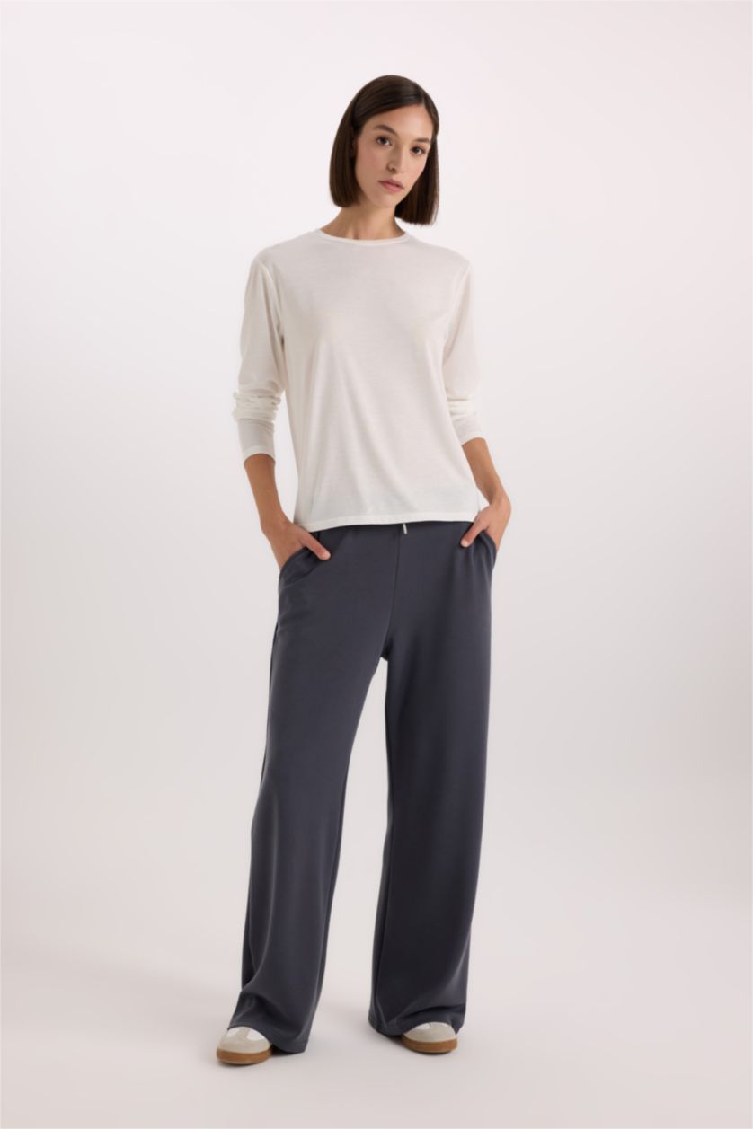 WOMAN Light Grey Scuba Fabric Tied Waist Wide Leg Sweatpants