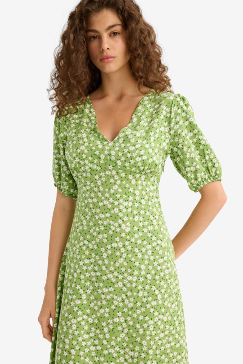 WOMAN Green V-Neck Floral Short Sleeve Midi Dress