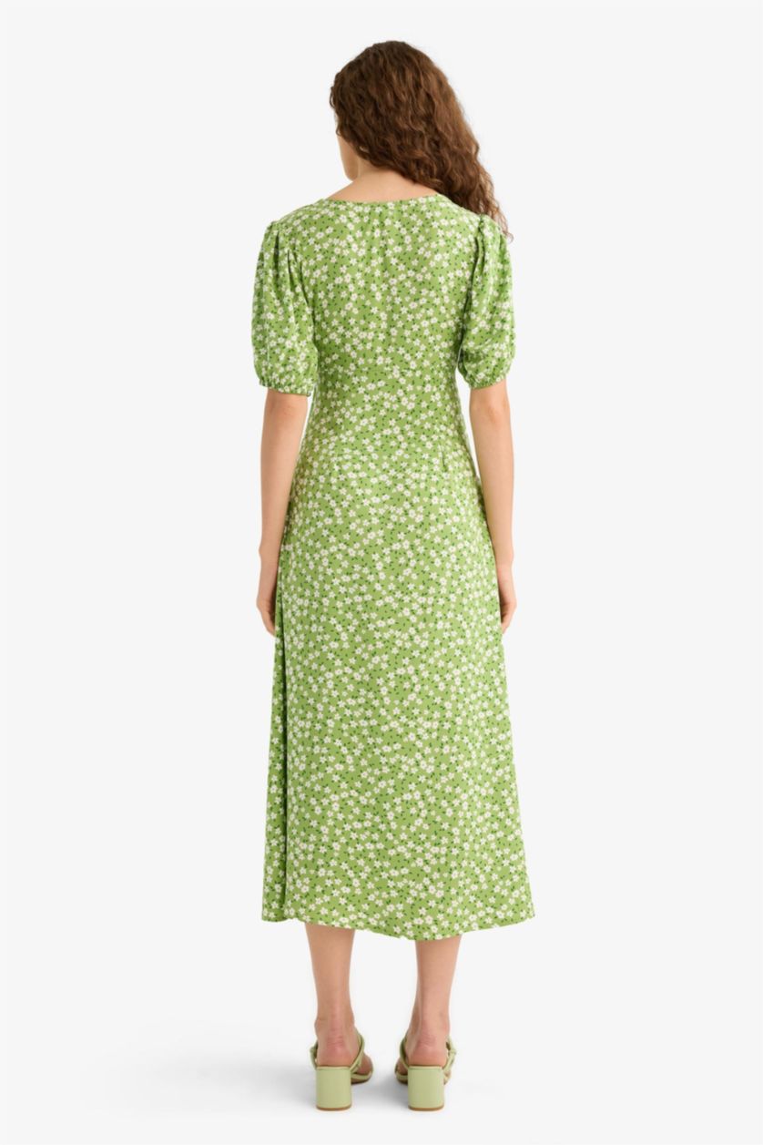 WOMAN Green V-Neck Floral Short Sleeve Midi Dress