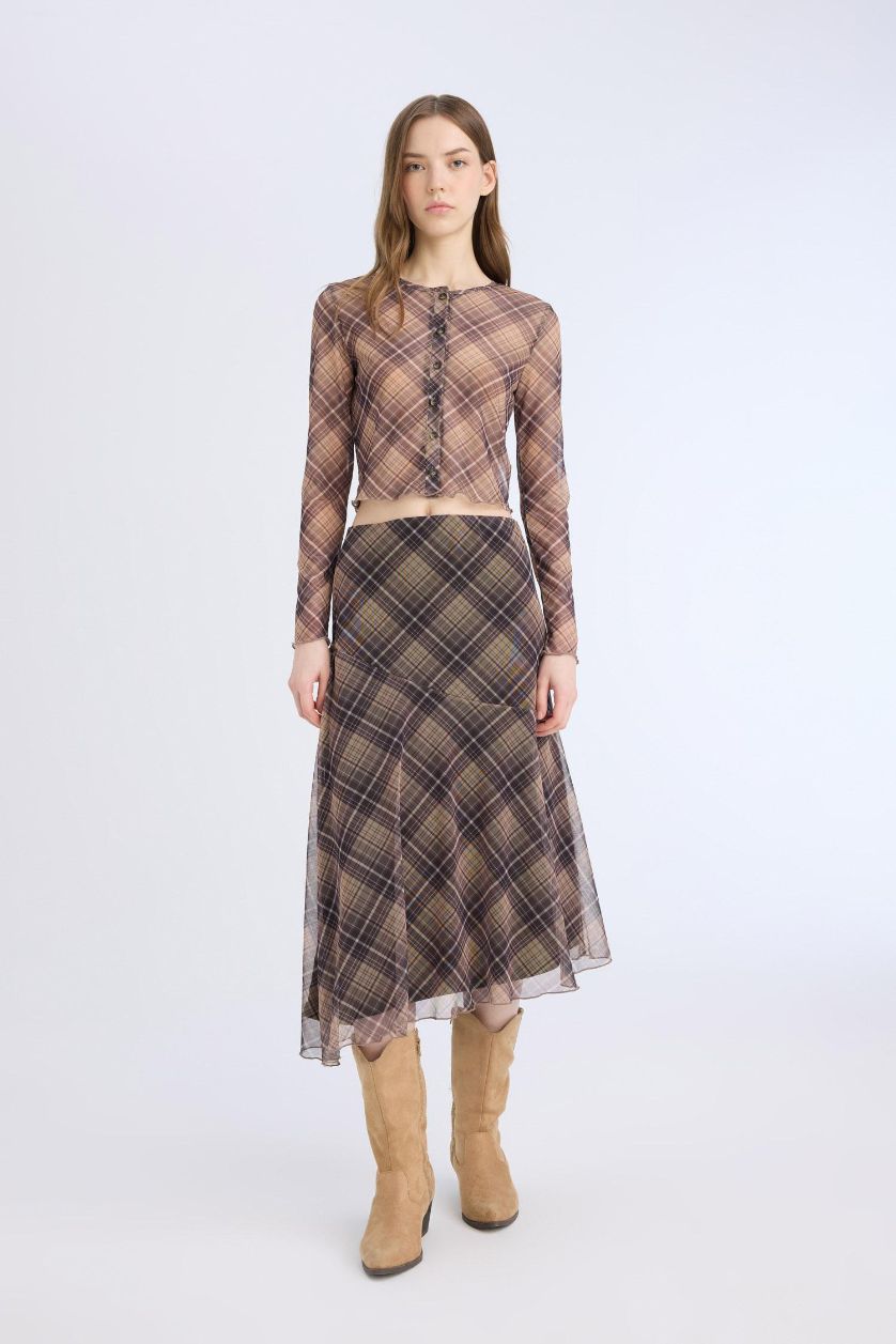 Woman Light Brown Asymmetrical Checked Normal Waist Tulle Midi Skirt